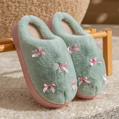 Fashion Women's Bow Slippers Winter Indoor Home Warm Non-Slip EVA Thick Bottom Couples Shoes Plush Soft Sole House Slides