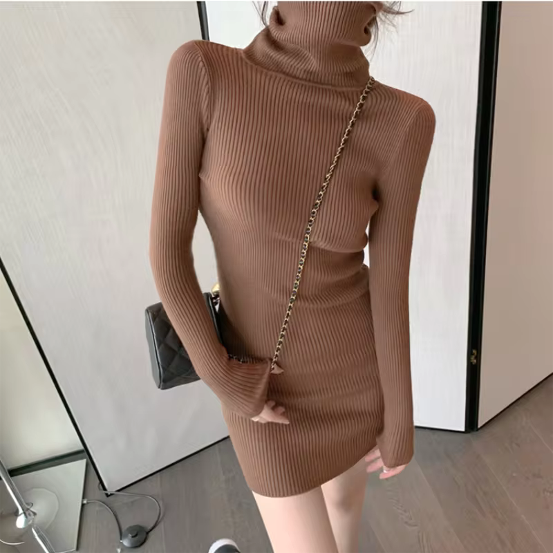 Women’s Autumn & Winter Turtleneck Knitted Bodycon Mini Dress – Long Sleeve Pullover