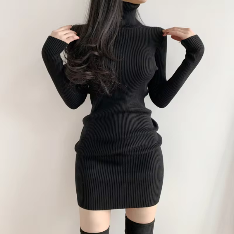 Women’s Autumn & Winter Turtleneck Knitted Bodycon Mini Dress – Long Sleeve Pullover