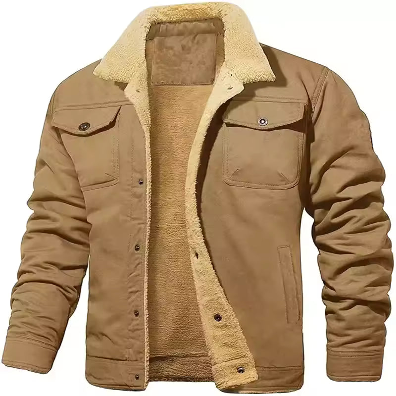 Men’s Winter Plush Bomber Jacket – Thick Wool-Blend Button-Up Coat