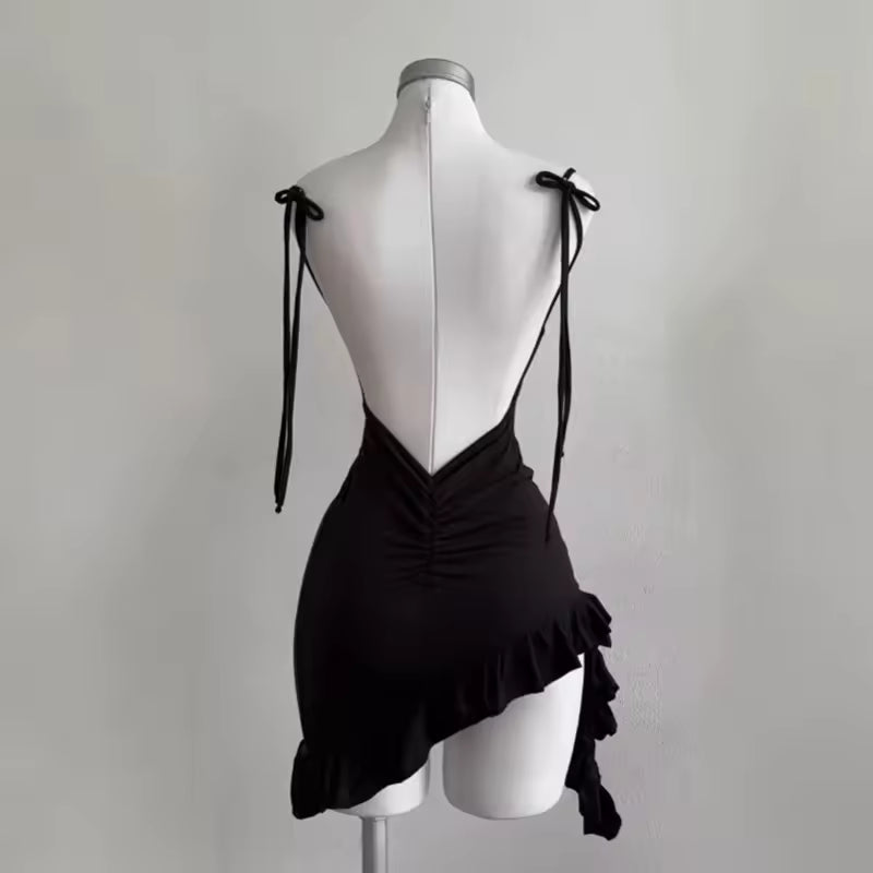 2025 Sexy Sleelveless Backless Mini Dress Women Summer Europe America Lace Up Bodycon Dresses High Street Party Club Black Dress