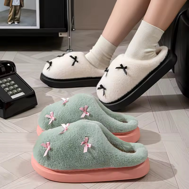 Fashion Women's Bow Slippers Winter Indoor Home Warm Non-Slip EVA Thick Bottom Couples Shoes Plush Soft Sole House Slides