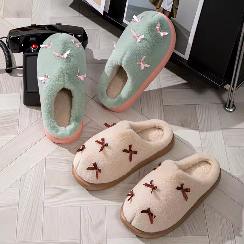 Fashion Women's Bow Slippers Winter Indoor Home Warm Non-Slip EVA Thick Bottom Couples Shoes Plush Soft Sole House Slides