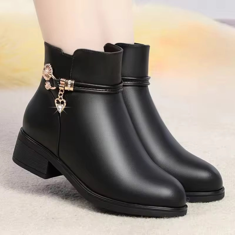2025 Winter Soft Leather Furry Short Boots for Women - Chunky Heel Warm Cotton Shoes, Flat Black Leather Mom Shoes