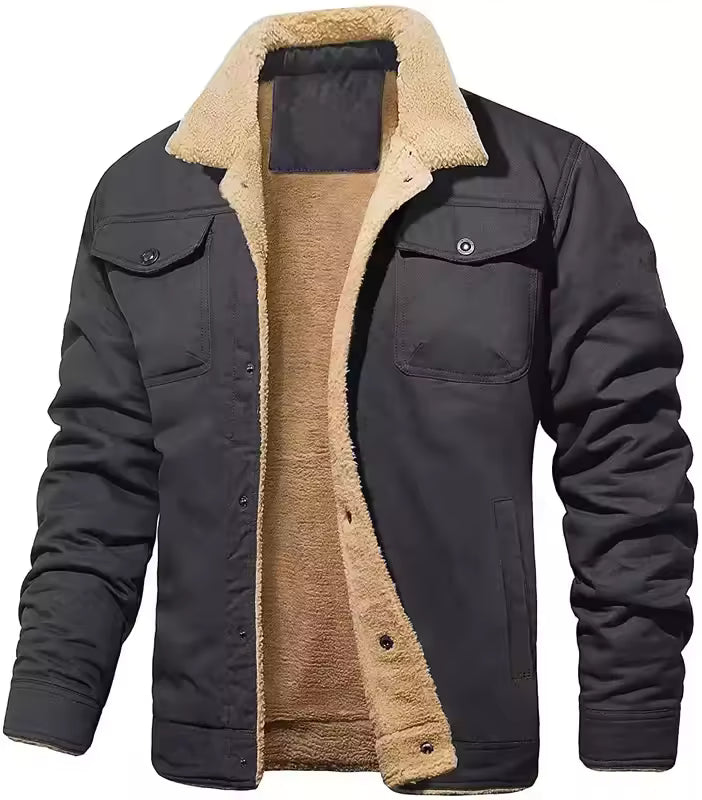 Men’s Winter Plush Bomber Jacket – Thick Wool-Blend Button-Up Coat