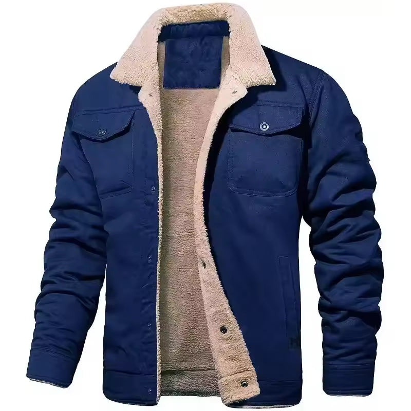 Men’s Winter Plush Bomber Jacket – Thick Wool-Blend Button-Up Coat
