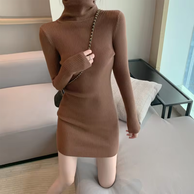 Women’s Autumn & Winter Turtleneck Knitted Bodycon Mini Dress – Long Sleeve Pullover