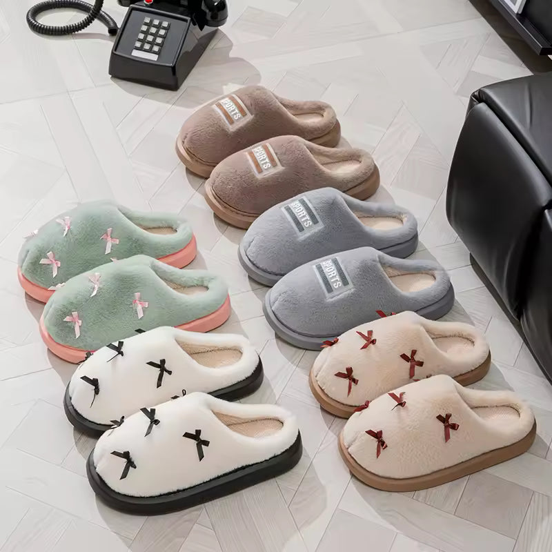 Fashion Women's Bow Slippers Winter Indoor Home Warm Non-Slip EVA Thick Bottom Couples Shoes Plush Soft Sole House Slides