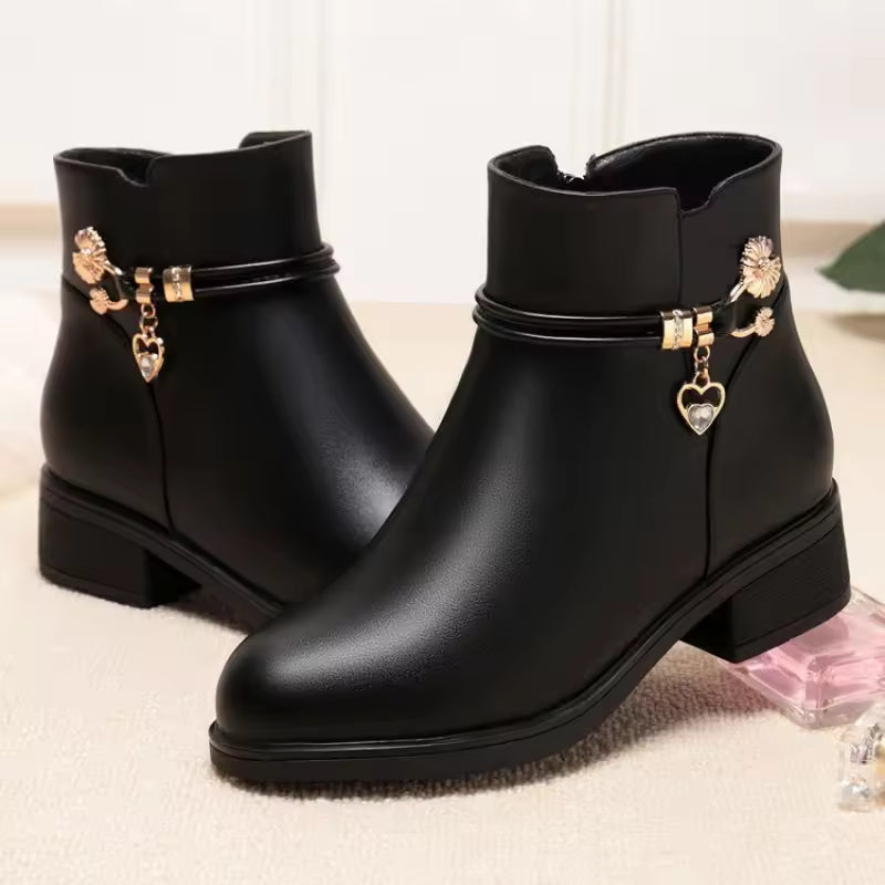 2025 Winter Soft Leather Furry Short Boots for Women - Chunky Heel Warm Cotton Shoes, Flat Black Leather Mom Shoes