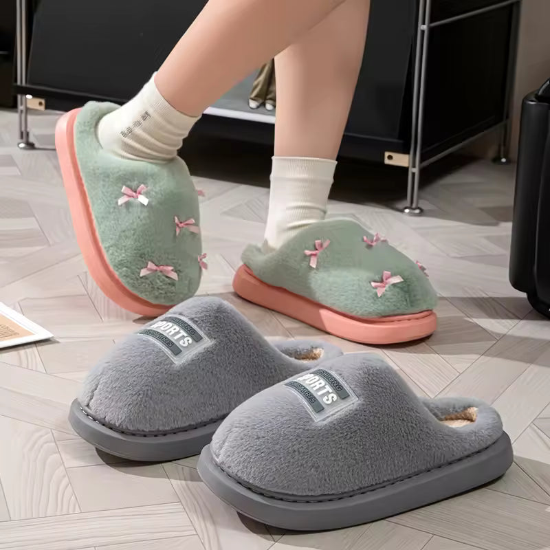 Fashion Women's Bow Slippers Winter Indoor Home Warm Non-Slip EVA Thick Bottom Couples Shoes Plush Soft Sole House Slides