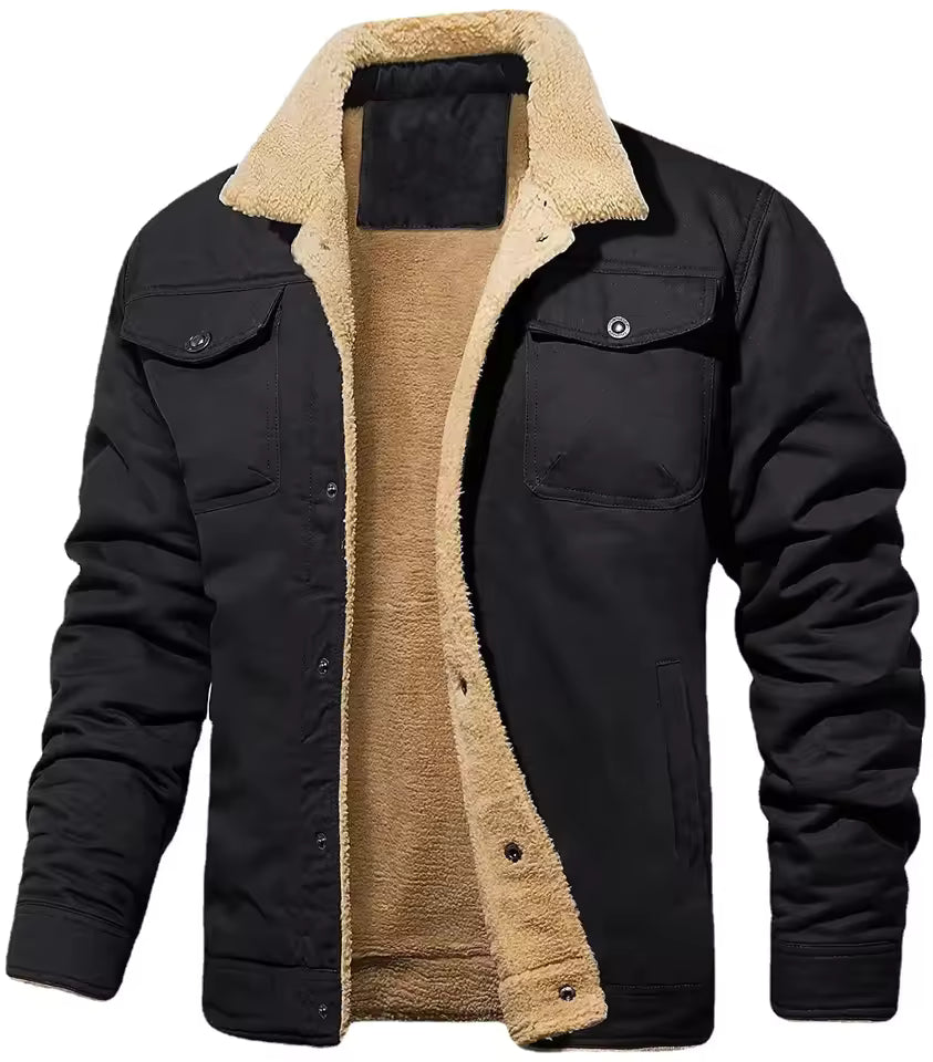 Men’s Winter Plush Bomber Jacket – Thick Wool-Blend Button-Up Coat