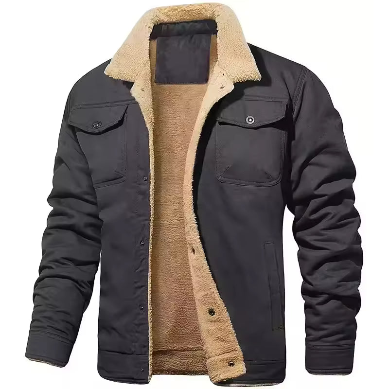 Men’s Winter Plush Bomber Jacket – Thick Wool-Blend Button-Up Coat