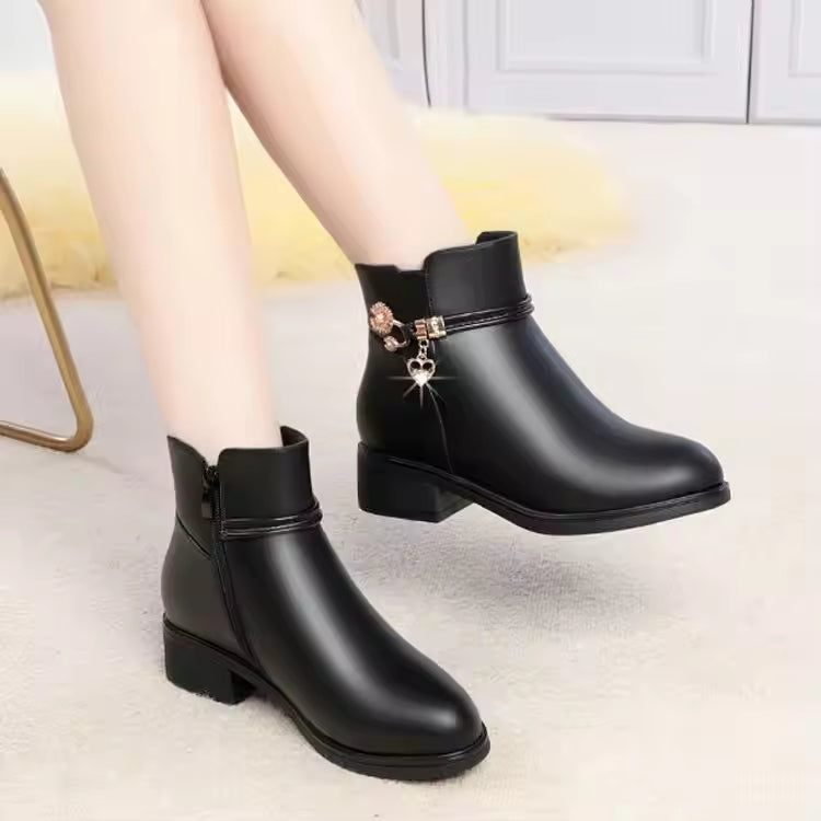 2025 Winter Soft Leather Furry Short Boots for Women - Chunky Heel Warm Cotton Shoes, Flat Black Leather Mom Shoes