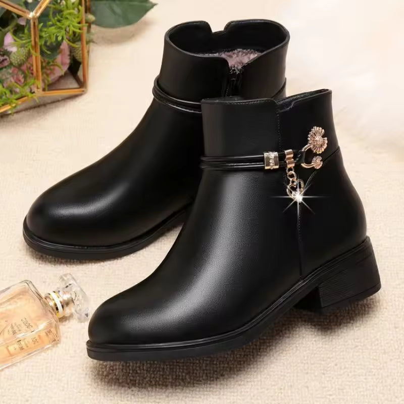 2025 Winter Soft Leather Furry Short Boots for Women - Chunky Heel Warm Cotton Shoes, Flat Black Leather Mom Shoes